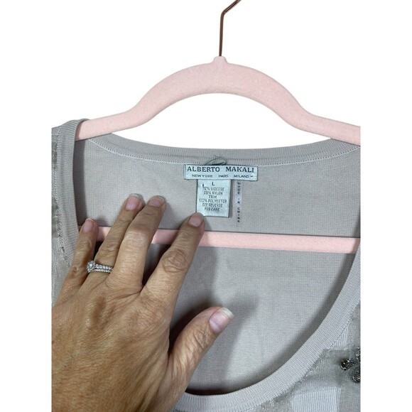 ALBERTO MAKALI Rhinestone Embellished Tulle Holiday Scoop Neck Sweater Large - Picture 5 of 9